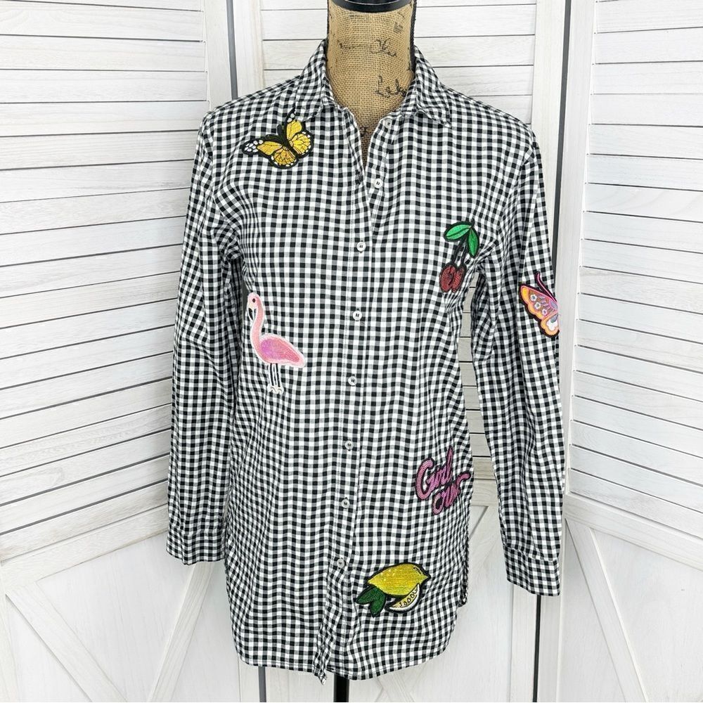 H&M Sequin Patches Gingham Check Button Front Shirt Black White 2 Cherry Girl